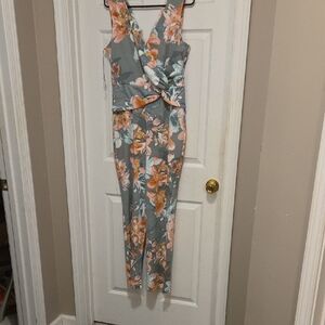 Spense Floral Wrap  Jumpsuit - Sage and Orange
